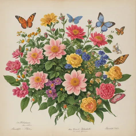 (beste-Qualit: 1.2), (Detailed: 1.2), (tmasterpiece: 1.2), Vintage botanical butterfly illustrations, bouquet  (1770-1775) in high resolution by John Edwards