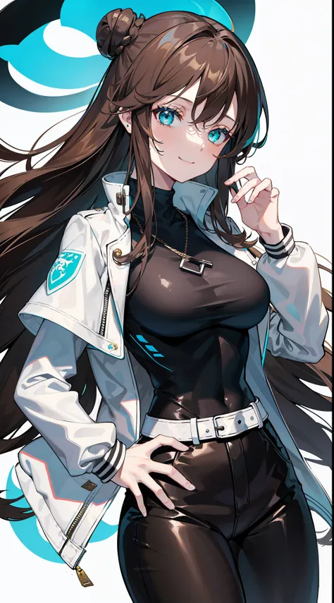 Adult woman, Long brown hair, hair in a bun, Cyan eyes, dragon horns, black tight pants, Black tight top, White leather jacket, ssmile, Masterpiece, hiquality