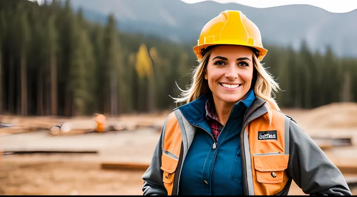 A delightful scene of a woman, her warm smile contrasting with her rugged attire, portraying strength as a construction worker, Sony A6400 with 16-50mm f/3.5-5.6 lens, balanced outdoor light, lifestyle photography.