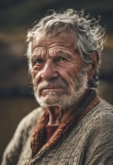 Award-winning portrait photo of an older grizzled medieval fisherman in a knitted sweater with wrinkles on his face, rede de pesca, barco, oceano, ondas, penhasco de montanha com ondas quebrando, tempestuoso, sinistro, mal, (background lighting: 1.3), pint...