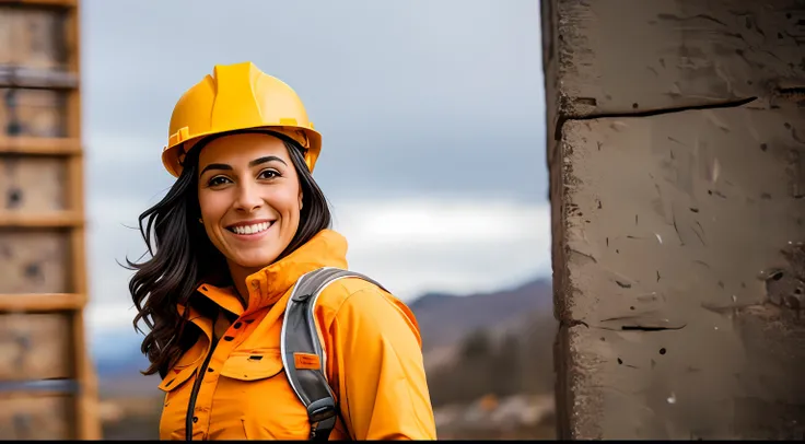 A delightful scene of a woman, her warm smile contrasting with her rugged attire, portraying strength as a construction worker, Sony A6400 with 16-50mm f/3.5-5.6 lens, balanced outdoor light, lifestyle photography.