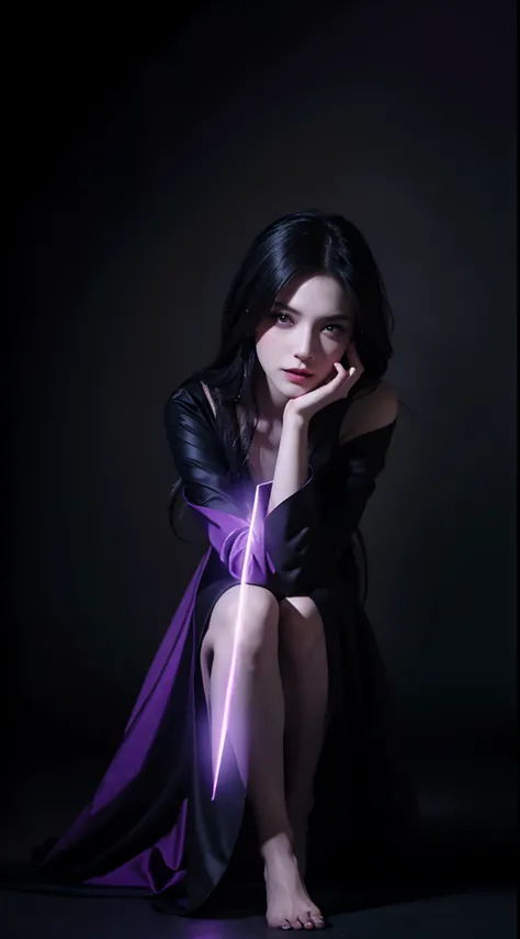 a woman sitting on top of a purple wall, full - body artwork, dark sorceress fullbody pose, carmilla vampire, black and violet costume, fuschia skin, single character full body, very sexxy devil outfit, official character art, full body single character, o...