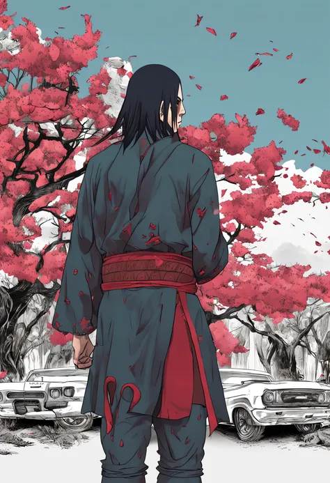 O Rei Uchiha Itachi Sozinho Sentado Em Um Trono Feito De Penas Pretas, Hiper Detalhado, Hiper Realista Melhor Qualidade