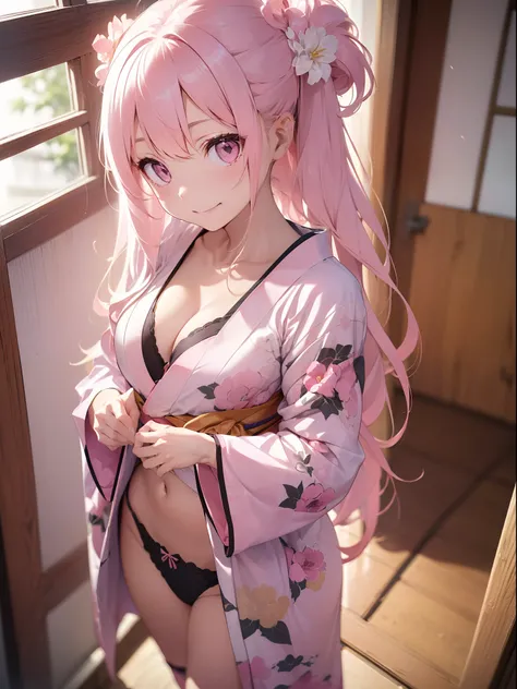 (((in upper and lower underwear on the way to take off the kimono)), (((half-taken kimono scattered)), (((There is also a kimono in the middle of taking off)), long kimono, ((smile)), (full body), (cute white Western-style room of a girl), (angle looking d...