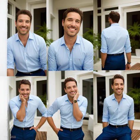 Close-up of a 40-year-old man,  with different expressions on his face, Head and shoulder photography, expression souriante, Il est souriant et heureux, He is smiling and excited, Il rit, cheveux bruns courts:2, Il exprime sa joie, Porter une chemise bleu ...