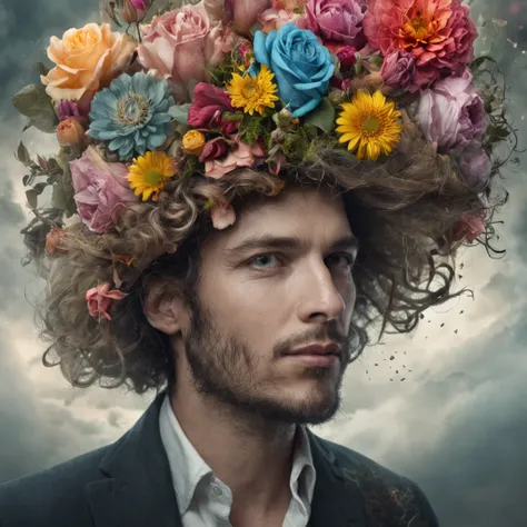 Em um retrato surreal bonito, An intriguing man emerges with a hat adorned with flowers on his head. The image is a true surrealist digital work of art, inspired by the magical creations of Maxim Verehin. Every detail of the illustration is impressive, wit...