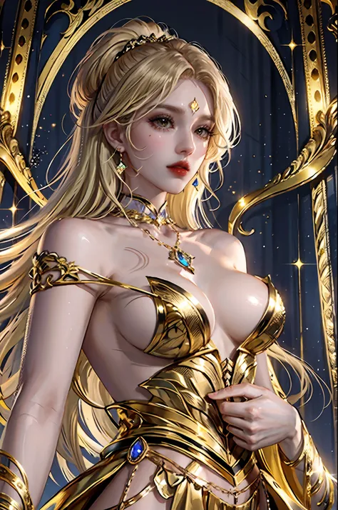 ultra detailed 8k cg,intricate detail,delicate patern,jewelry,gem,gold,golden,gold theme,shiny,glint,sparkle,blonde hair,yellow cloak,yellow eyes,rich,prestige,gothic architecture,(topless:1.1),