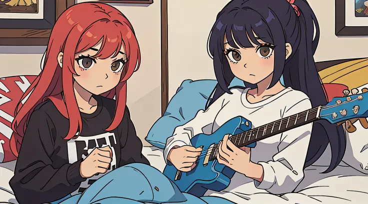 obra prima, menina bonita anime, cabelos vermelhos, roupa de rock, estilo rock, dentro do quarto, deitada na cama, cara triste, guitarra do lado, um gato ao lado