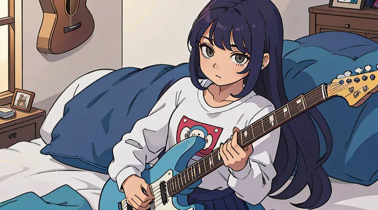 obra prima, menina bonita anime, cabelos vermelhos, roupa de rock, estilo rock, dentro do quarto, deitada na cama, cara triste, guitarra do lado, um gato ao lado