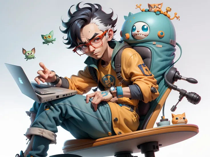 A young man with glasses sits at his desk，holding laptop，digitial painting，3D character design by Mark Clairen and Pixar and Hayao Miyazaki and Akira Toriyama，4K HD illustration，Very detailed facial features and cartoon-style visuals。