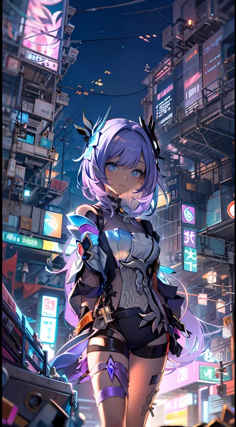 noite, fundo colorido da cidade cyberpunk, menina de rua, elysia,honkai impact,, olhos azuis, olhos brilhantes, meias pretas, re...