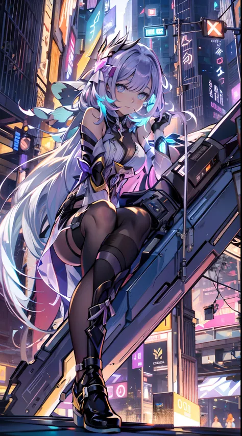 noite, fundo colorido da cidade cyberpunk, menina de rua, elysia,honkai impact,, olhos azuis, olhos brilhantes, meias pretas, re...