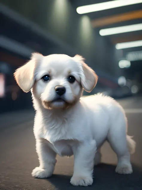 foto em close de um cachorrinho muito fofo na cidade, soft volumetric lights (retroiluminação: 1.3), (kinematics: 1.2), detalhes intrincados (ArtStation: 1.3), Rutkowski, realista