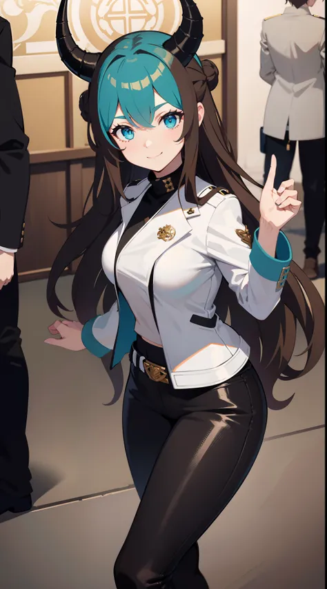 Adult woman, Long brown hair, hair in a bun, Cyan eyes, dragon horns, black tight pants, Black tight top, White leather jacket, ssmile, Masterpiece, hiquality