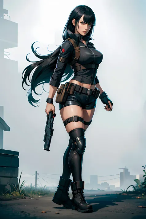 Resident evil girl long black hair with bangs black shorts with holster, tactical holster, and holding pistol, angry