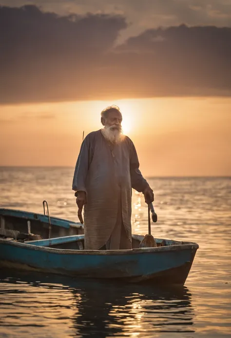 Apostle Peter fisherman, idoso, barba branca, behind an island, oceano, close-up, brilhante, feliz, warm soft lighting, sun sunset, barco de pesca, rede com peixes, pescaria.