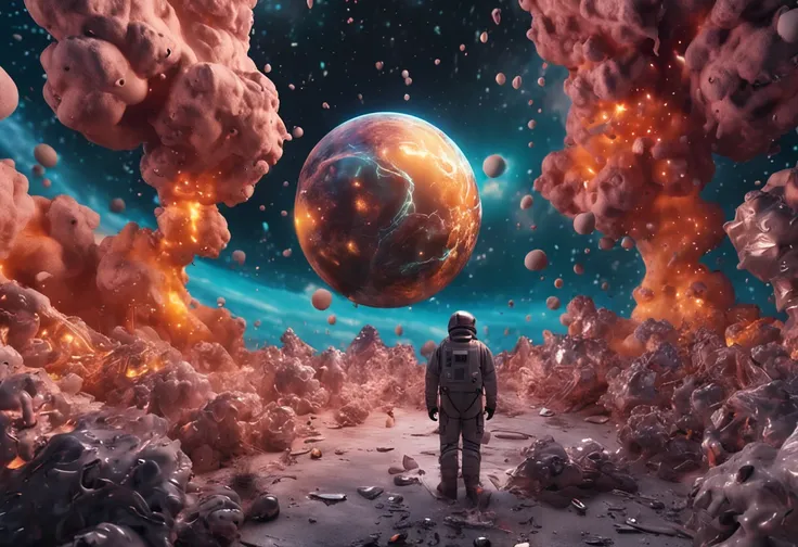 Ultra-realistic super-surrealistic digital painting on black canvas, gold highlights, 3D graffiti art of an epic, enormous Giant surreal astronaut blended into liquid cloud paint. Unreal Engine, OctaneRender, UHD 50k, UNITY render, RayTraced using monte ca...