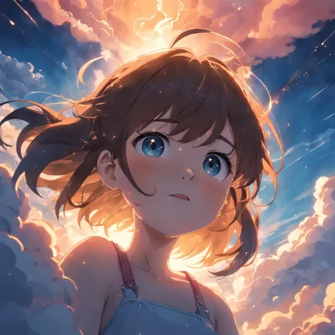 masterpiece, best quality, movie still, 1girl, cloud girl, floating in the sky, close-up, bright, happy, warm soft lighting, sunset, (sparks:0.7)