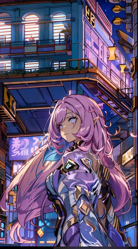 noite, fundo colorido da cidade cyberpunk, menina de rua, elysia,honkai impact,, olhos azuis, olhos brilhantes, meias pretas, re...