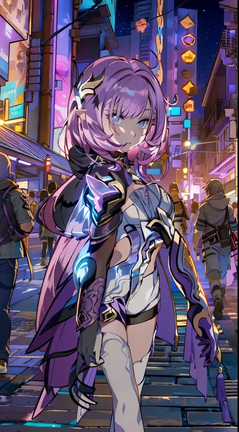 noite, fundo colorido da cidade cyberpunk, menina de rua, elysia,honkai impact,, olhos azuis, olhos brilhantes, meias pretas, re...