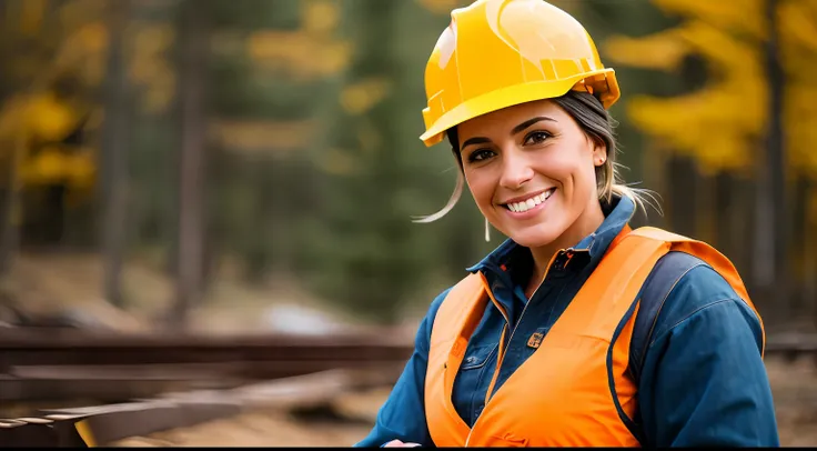 A delightful scene of a woman, her warm smile contrasting with her rugged attire, portraying strength as a construction worker, Sony A6400 with 16-50mm f/3.5-5.6 lens, balanced outdoor light, lifestyle photography.