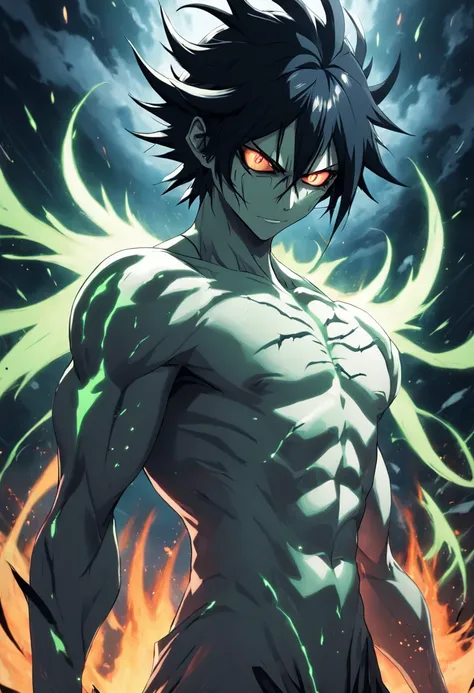 Design a gripping poster featuring Ulquiorra Cifer from "Bleach" in a fit of rage. Capture the essence of his burning determination and unyielding spirit as he unleashes his wrath upon his enemies. Keep it short, bold, and intense to convey the raw power o...