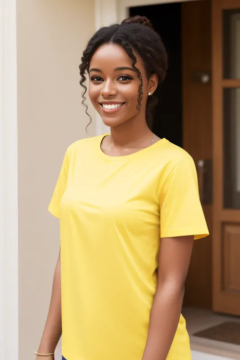 one womam, Wearing a yellow shirt, smiling, happy