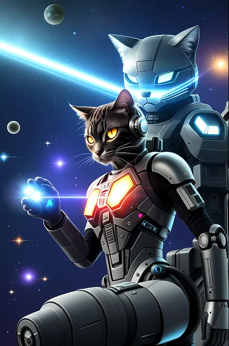 Cat with cybernetic details, in the Galaxy near a spaceship