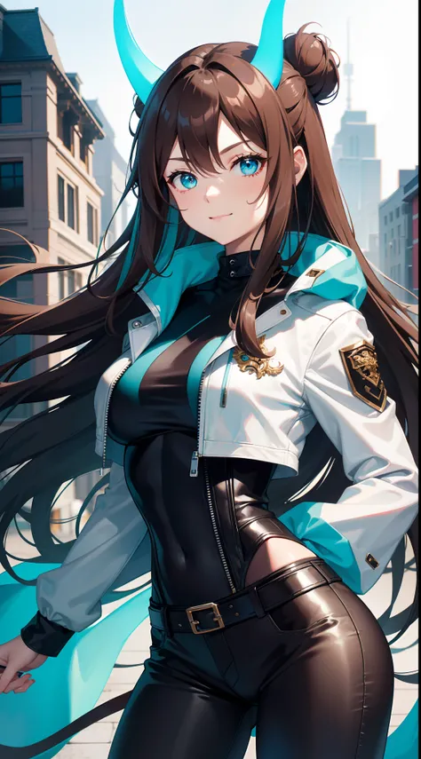 Adult woman, Long brown hair, hair in a bun, Cyan eyes, dragon horns, black tight pants, Black tight top, White leather jacket, ssmile, Masterpiece, hiquality