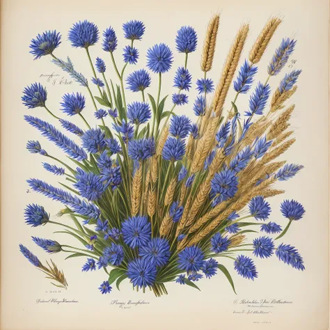 (beste-Qualit: 1.2), (Detailed: 1.2), (tmasterpiece: 1.2), Vintage botanical illustrations of butterflies and bees, ((Bouquet of ears of wheat and cornflowers))  (1770-1775) in high resolution by John Edwards