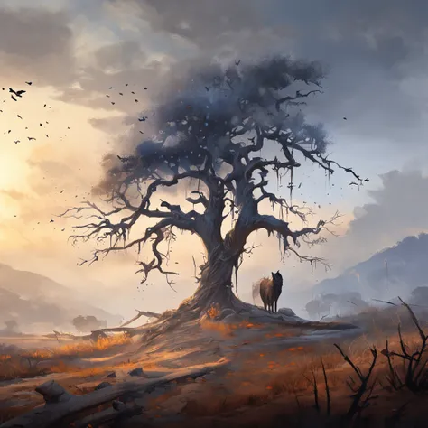 Two crows on a dead tree, A shadow shaped like a walker, Starry night, Thick fog on the ground, Blue light on the horizon, Unreal Engine 5, Cinematic, low angle photography, Motion blur, Depth of field, Dust, Cobblestones and dirt. Splash Art, dripping pai...