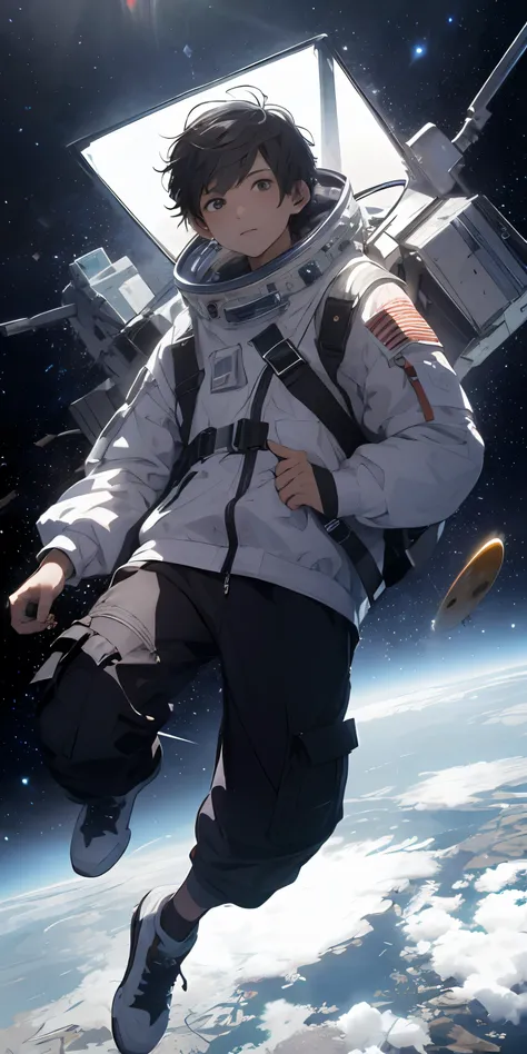 absurd resolution, high resolution, (masterpiece: 1.4), ultra-detailed, 1boy, from above, space, floating