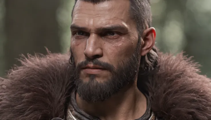 of a real，Facial features are carefully depicted，Realistic skin texture，中景 the scene is，Barbarian bearded uncle，（male people：1.4），(There is a scar on the face:1.5)，Strong limbs，（A half body：1.4），Short-cut hair of maroon color，Dark style，depth of fields，hig...