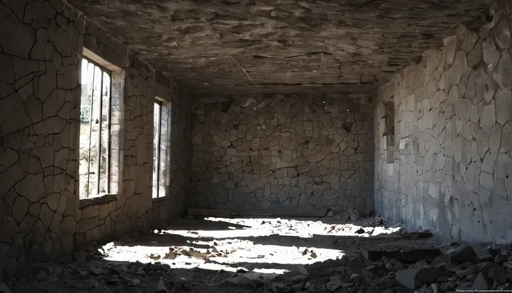 The image of the interior of a ruin is dark, its floor is made of broken stone tiles, its roof is made of concrete with parts of it falling off, the two walls on the left and right side of the image are made of cement which have small cracks and some of th...