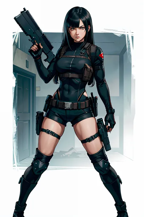 Resident evil girl long black hair with straight bangs black shorts with holster, black clothes, tactical holster, and holding pistol, angry, sock black knee pads boot, resident evil