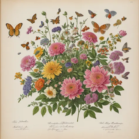 (beste-Qualit: 1.2), (Detailed: 1.2), (tmasterpiece: 1.2), Vintage botanical illustrations of butterflies and bees, ((Bouquet of geocinta))  (1770-1775) in high resolution by John Edwards