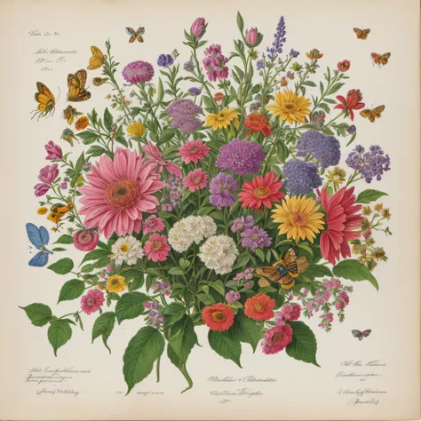 (beste-Qualit: 1.2), (Detailed: 1.2), (tmasterpiece: 1.2), Vintage botanical illustrations of butterflies and bees, ((Bouquet of geocinta))  (1770-1775) in high resolution by John Edwards