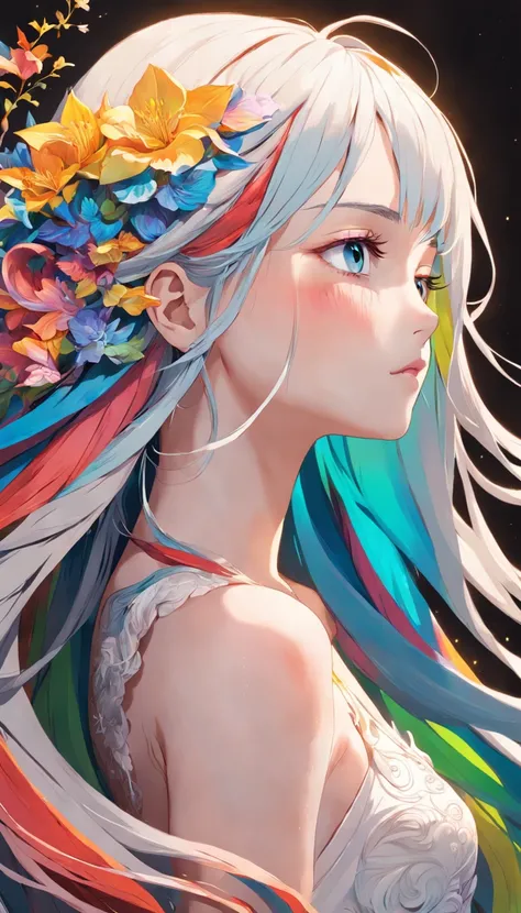 (Beauty side face,Long colored hair,closing her eyes,Masterpiece Narcissus),with rainbow colored background, (illustration:1.2,paper art:1.2, zentangle, a 3D render),(Best quality, high detal, masutepiece, Cinematic lighting, 4K, Chiaroscuro)