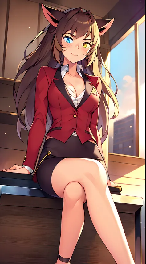 (masterpiece, best quality:1.2), cowboy shot, solo, 1girl, catra, smile, catgirl, looking at viewer, sitting, crossed legs, heterochromia, colored sclera, skirt suit, blazer, pencil skirt, bare legs, high heels