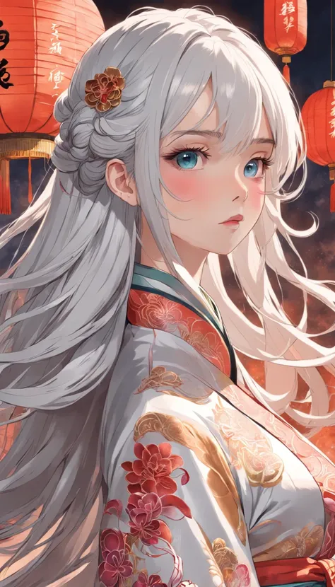 Royal Sister，Cold and glamorous，Raised sexy，on cheongsam，Embroidery，(1girll，White color hair，closeup cleavage， colorfull long hair, Oriental elements)，(Super refined，Chinese illustration:1.3，paper art:1.3, Quilted paper art:1.2),( reasonable design, Clear ...