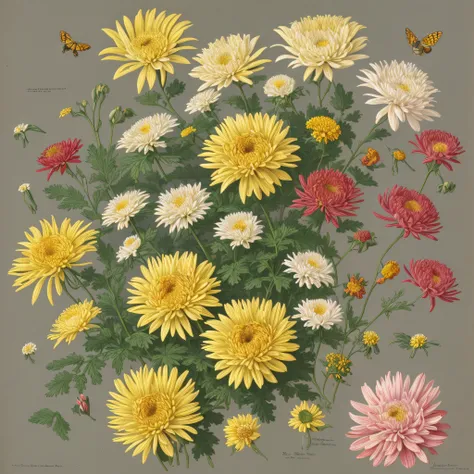 (beste-Qualit: 1.2), (Detailed: 1.2), (tmasterpiece: 1.2), Vintage botanical illustrations of butterflies and bees, ((Bouquet of chrysanthemums))  (1770-1775) in high resolution by John Edwards