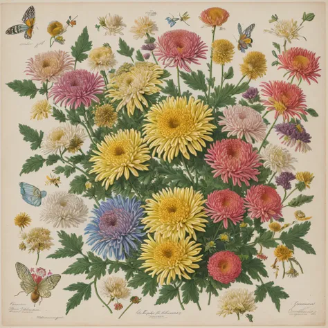 (beste-Qualit: 1.2), (Detailed: 1.2), (tmasterpiece: 1.2), Vintage botanical illustrations of butterflies and bees, ((Bouquet of chrysanthemums))  (1770-1775) in high resolution by John Edwards