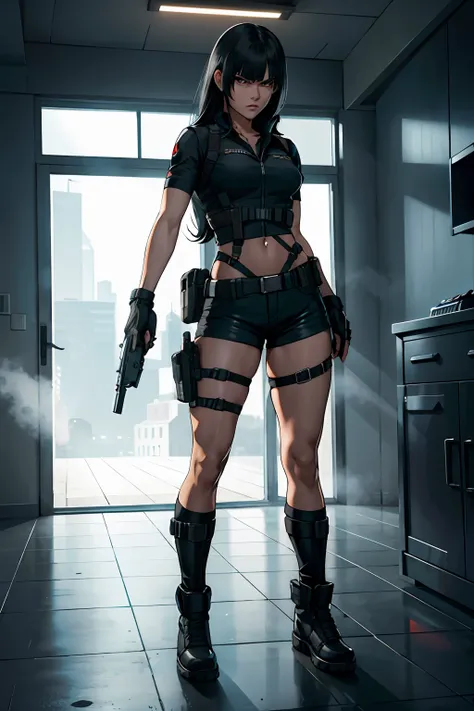 Resident evil girl long black hair with straight bangs black shorts with holster, black clothes, tactical holster, and holding pistol, angry,