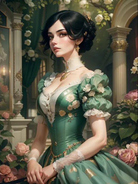 Beautiful lady with black hair. Set against the backdrop of an opulent mansion and a flourishing English garden, It symbolizes the elegance and privilege of the Victorian upper class.