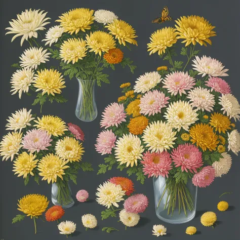 (beste-Qualit: 1.2), (Detailed: 1.2), (tmasterpiece: 1.2), Vintage botanical illustrations of butterflies and bees, ((Bouquet of chrysanthemums))  (1770-1775) in high resolution by John Edwards