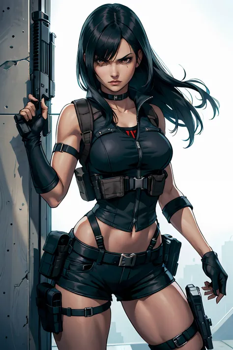 Resident evil girl long black hair with bangs black shorts with holster, tactical holster, and holding pistol, angry