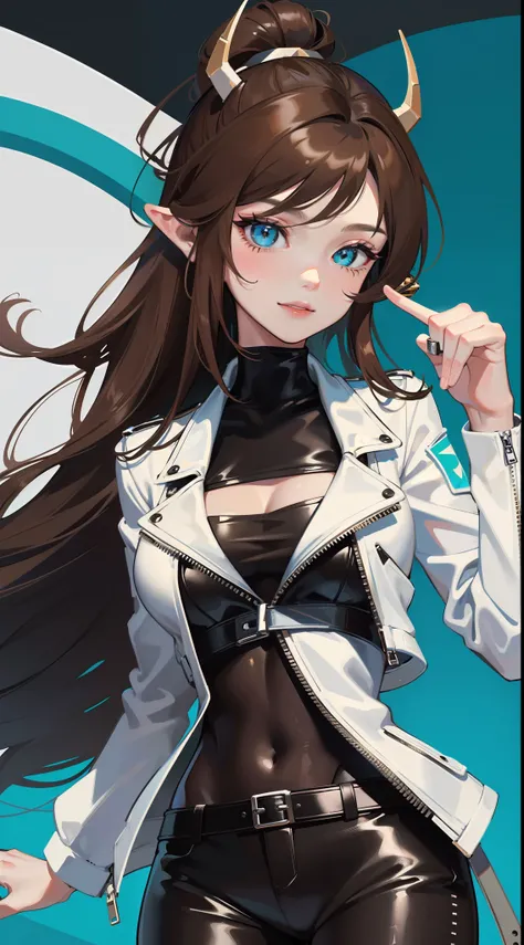 Adult woman, Long brown hair, hair in a bun, Cyan eyes, dragon horns, black tight pants, Black tight top, White leather jacket, ssmile, Masterpiece, hiquality