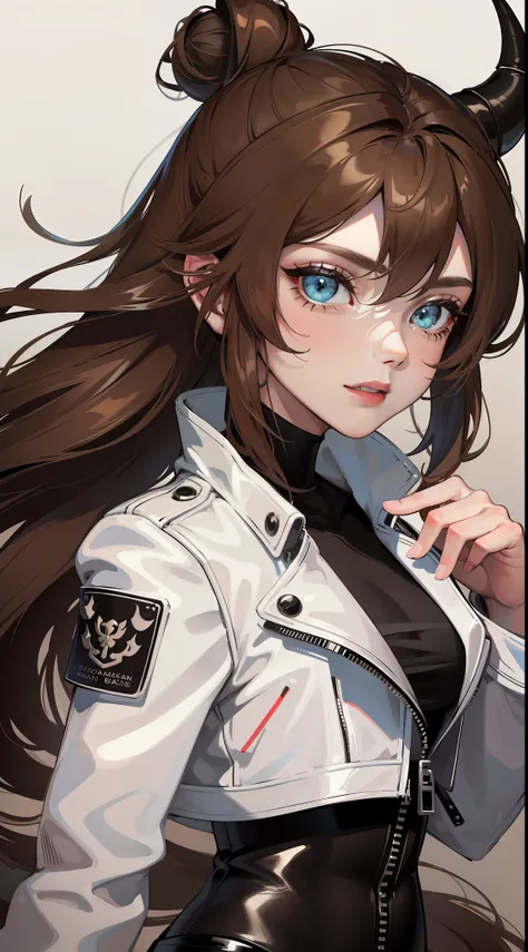 Adult woman, Long brown hair, hair in a bun, Cyan eyes, dragon horns, black tight pants, Black tight top, White leather jacket, ssmile, Masterpiece, hiquality