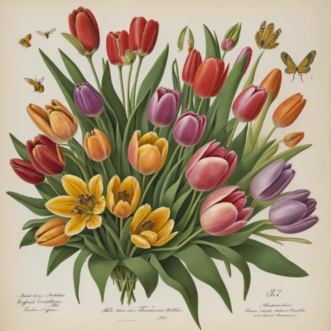 (beste-Qualit: 1.2), (Detailed: 1.2), (tmasterpiece: 1.2), Vintage botanical illustrations of butterflies and bees, ((Bouquet of tulips))  (1770-1775) in high resolution by John Edwards