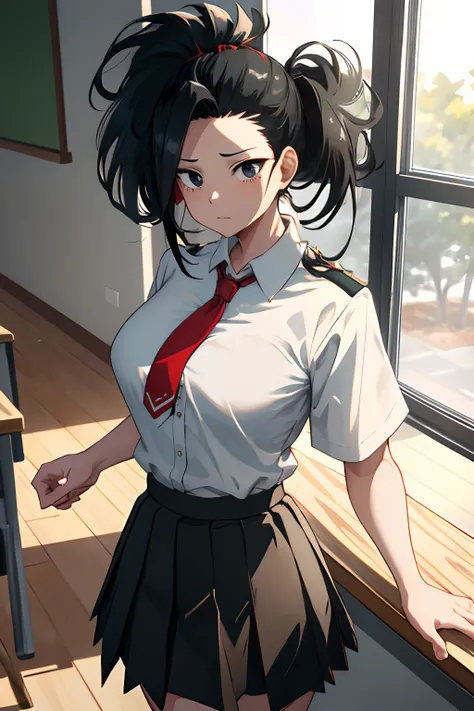 masterpiece, best quality, highres, 1girl, yaoyorozu momo, black hair, ponytail, hair pulled back, black eyes, large breasts, school uniform, white shirt, collared shirt, short sleeves, red necktie, green skirt, standing, cowboy shot, indoors, classroom,